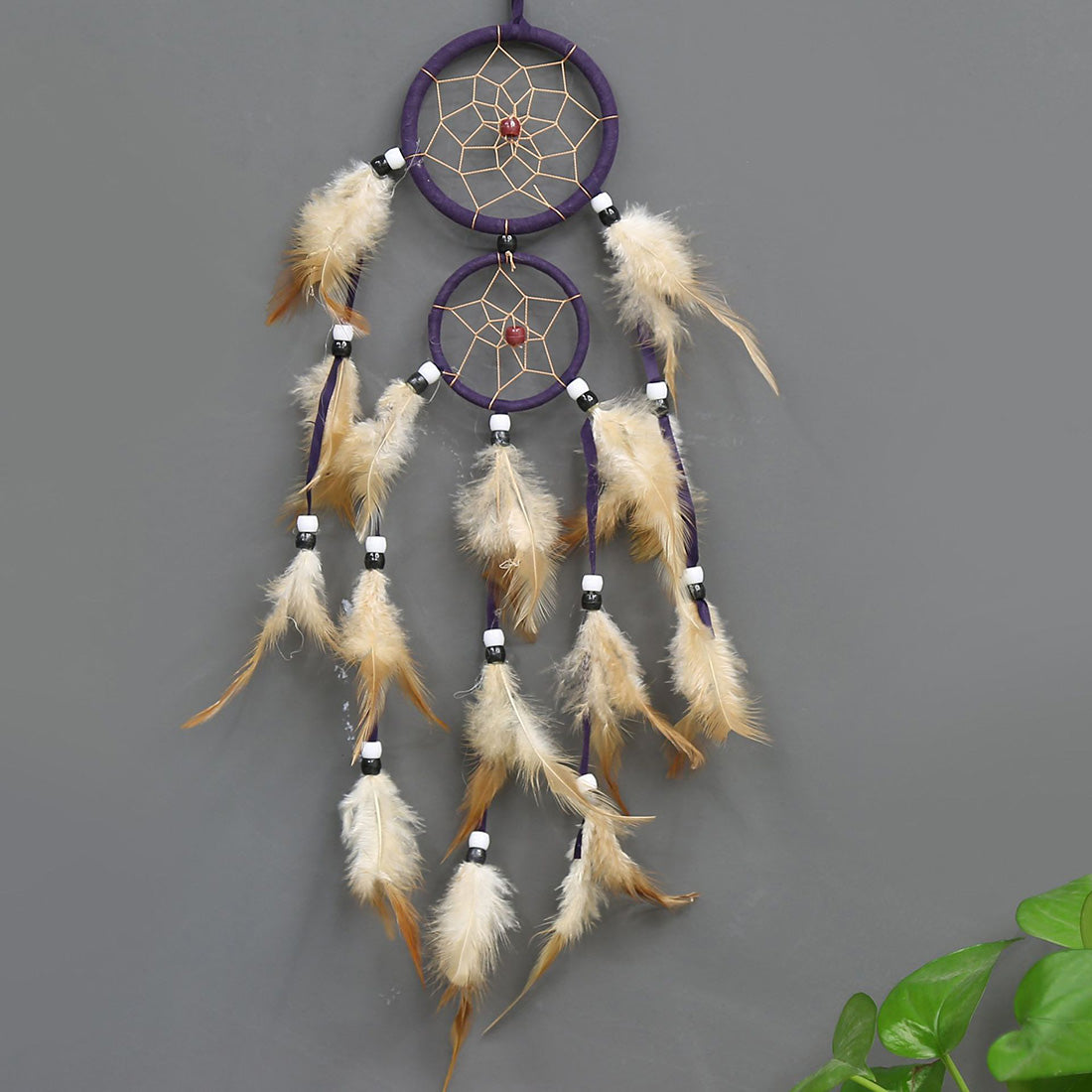 Fashion Dream Catcher with Fabric Wrapped Double Hoops - Natural Feathers - Synthetic Beads - Nylon Cord -PURPLE - 10 x 59cm