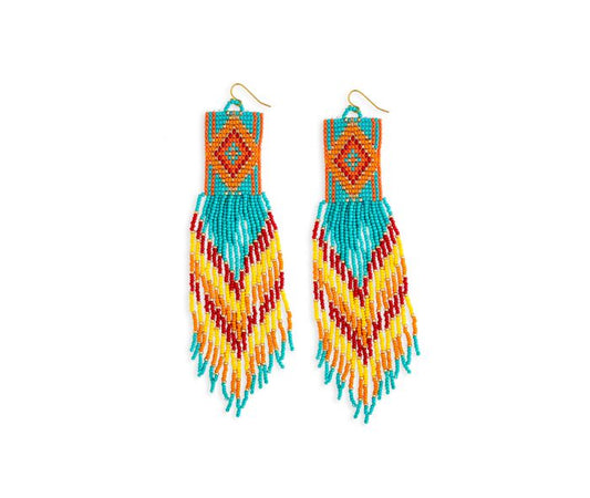 Soaring Hawk Glass Bead Earrings - 6 inch Long - turquoise, fire red, sun yellow & sunset orange - NEW424