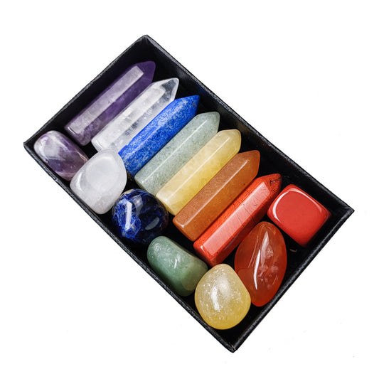 Seven Chakra Tumbled Stone & Pencil - Set of 14 in Black Box - 5x8 cm - China - NEW922