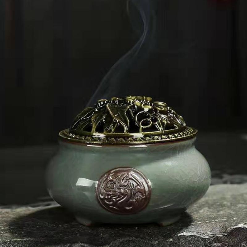 Brûleur d'encens en résine de porcelaine Geyao Longteng Xiangyun avec couvercle - Vert - 9.5x7cm - Chine - NEW922
