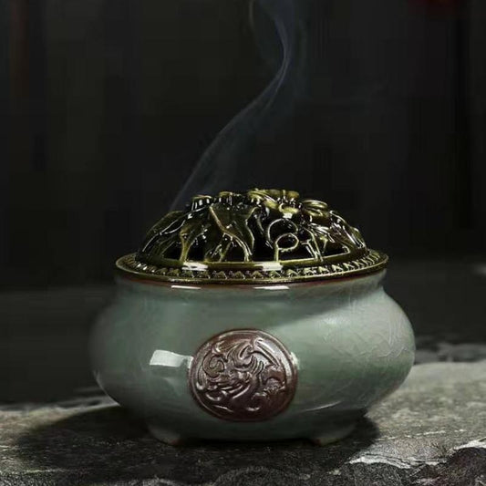 Brûleur d'encens en résine de porcelaine Geyao Longteng Xiangyun avec couvercle - Vert - 9.5x7cm - Chine - NEW922