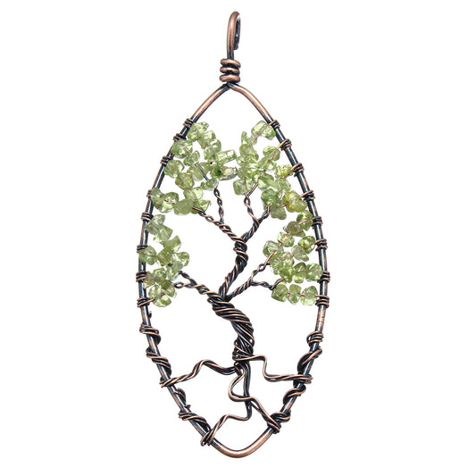 Pendentif Arbre de Vie - Laiton avec Pierre Préhnite, Plaqué Cuivre Antique