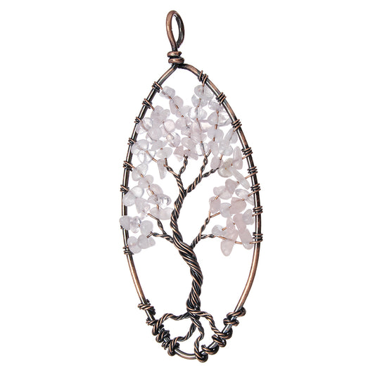 Pendentif arbre de vie - Laiton avec pierre précieuse de quartz rose, plaqué cuivre antique
