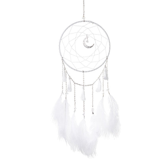 Fashion Dream Catcher with Crescent Moon and Tassels - Metal Chain - Glass Beads - White - 16 x 50cm - No Lights - NEW922