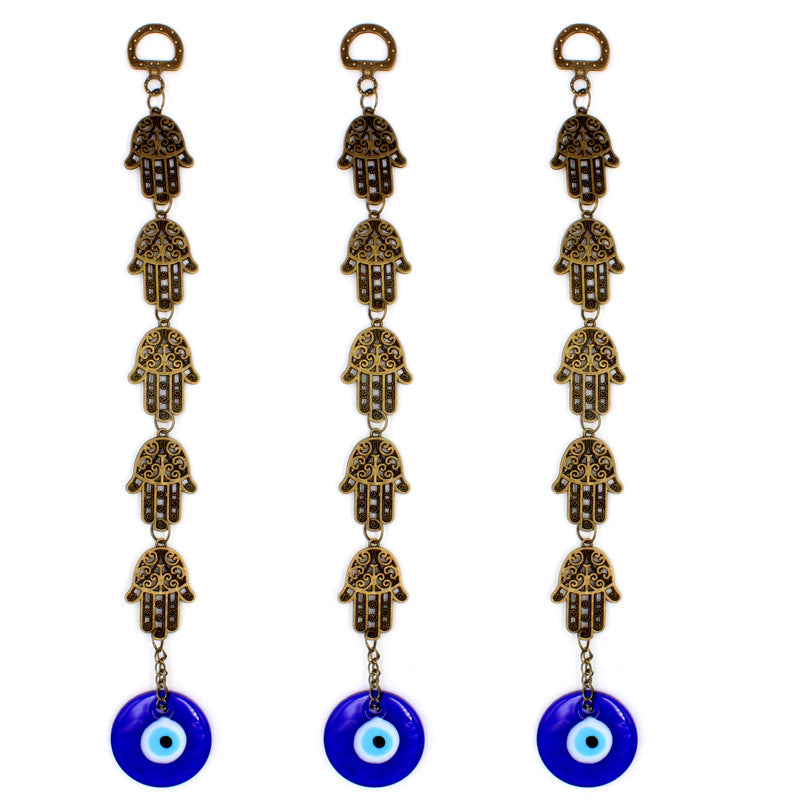 Evil Eye Hanger with 1 Blown Glass Eye & 5 Hamsa Hands - Suncatcher - 10 inch 26cm - China - NEW123