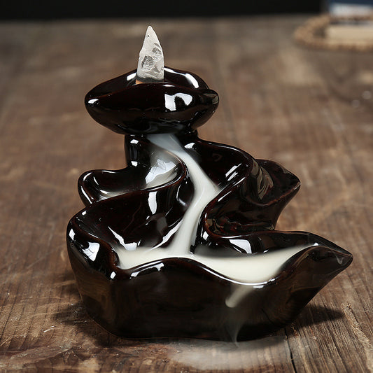 Porcelain Backflow Incense Holder - Black - 11.5x9.5cm