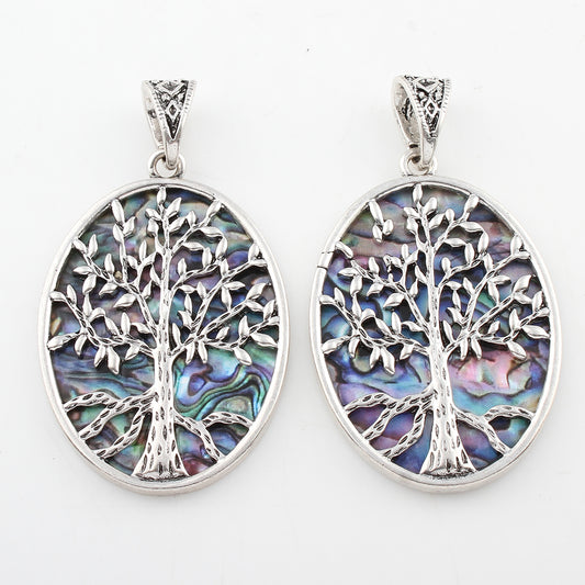 Pendentif arbre de vie en coquille d'ormeau - plaqué couleur argent antique