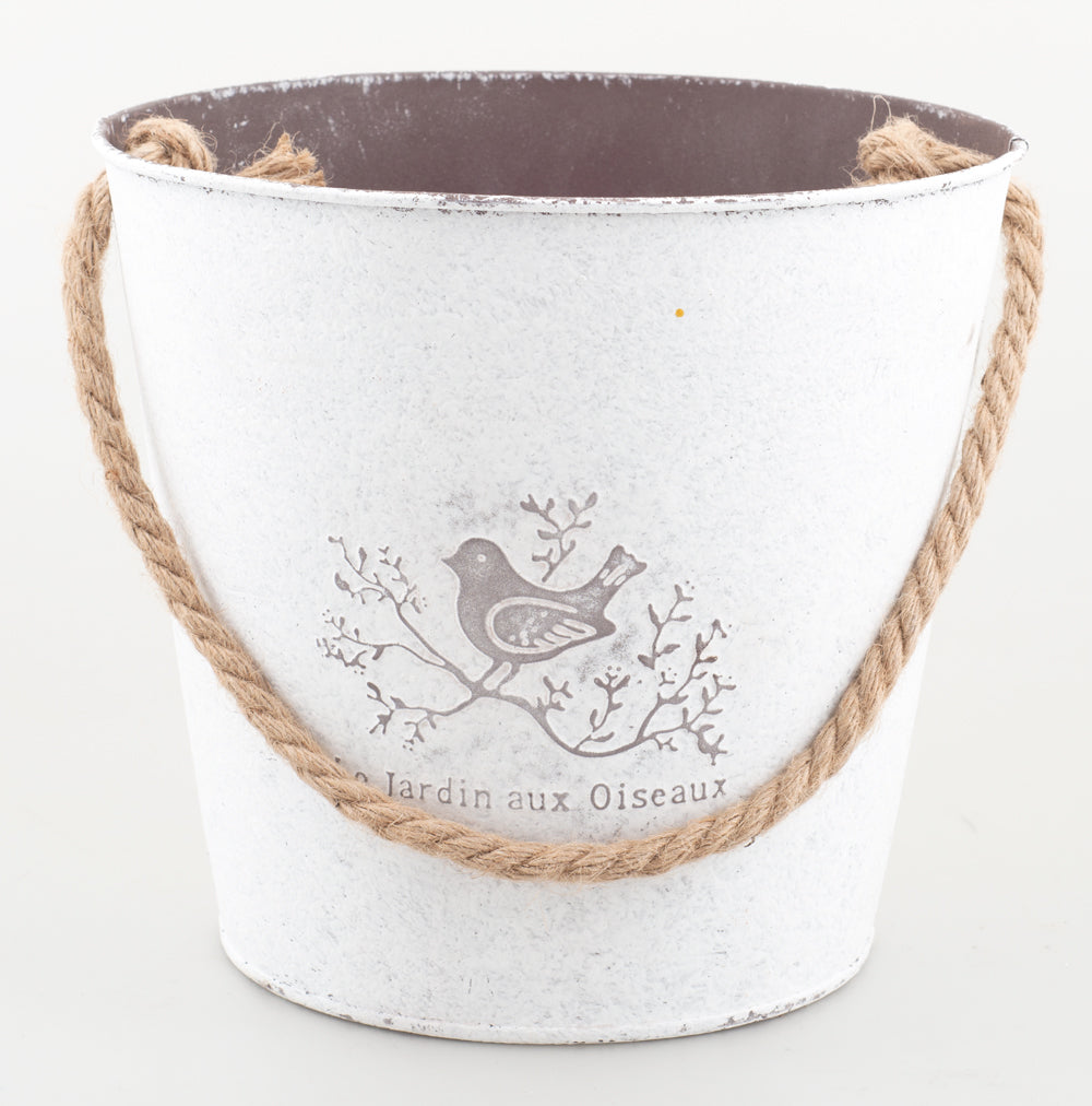 Metal Round Basket with Folding Handle & Floral Painting 8 x 8.5 inch deep