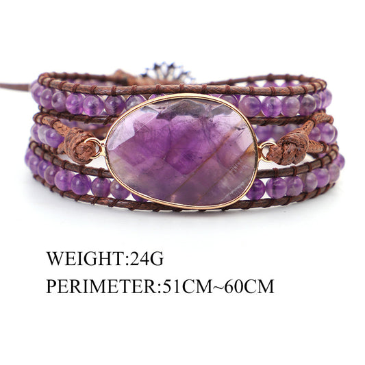 Amethyst Bracelet with Leather Strap Handmade - NEW424