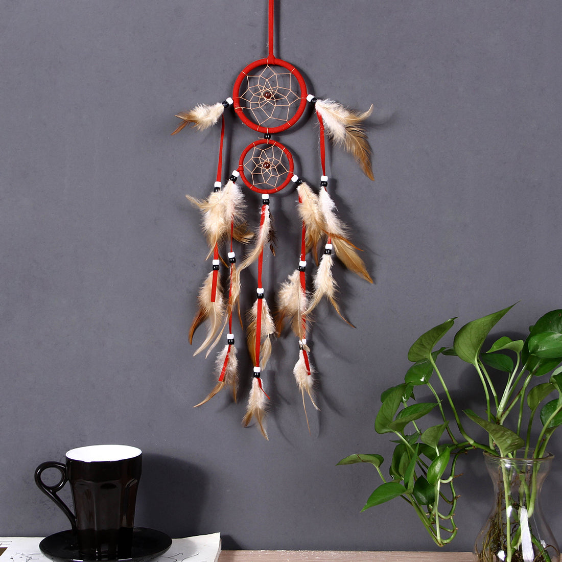 Fashion Dream Catcher Velveteen Wrapped Hoop with Feather & Satin Ribbon - Wood and Glass Beads- Red - 500 to 600mm