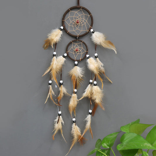 Fashion Dream Catcher with Fabric Wrapped Double Hoops - Natural Feathers - Synthetic Beads - Nylon Cord -COFFEE - 10 x 59cm