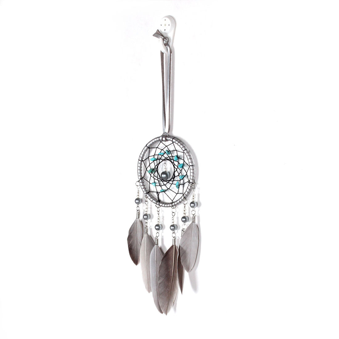 Fashion Dream Catcher with Cotton Thread and  Fabric Wrapped Hoop - Synthetic Beads and Turquoise Chips - Natural Feathers - Grey - 80 x 320mm