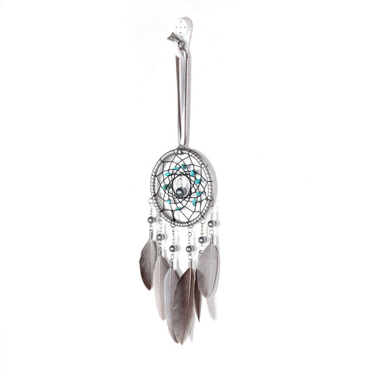 Fashion Dream Catcher with Cotton Thread and  Fabric Wrapped Hoop - Synthetic Beads and Turquoise Chips - Natural Feathers - Grey - 80 x 320mm