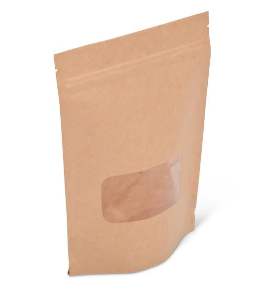 Pack of 100 6x9x3 inch 8 oz. Kraft with Window Stand Up Gusseted Barrier Pouches - Ziploc & heat sealable