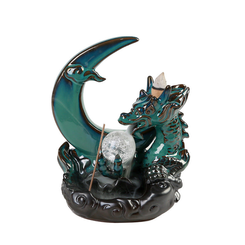 Dragon with Sphere Backflow Incense Burner Ceramic Blue Green Glaze - 13x8.5x16 cm - NEW324