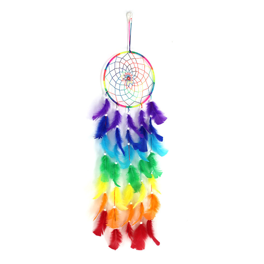 Dream Catcher with Dyed Rainbow or Chakra Feathers and Velveteen Cord - Multi Colored - Size: 20x87cm