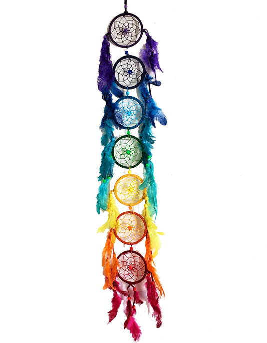 Fashion Dream Catcher - 7 Hoops - Chakra - Rainbow - Cotton Thread - Dyed Feathers  - Synthetic Beads - 7.5x78cm - NEW1220