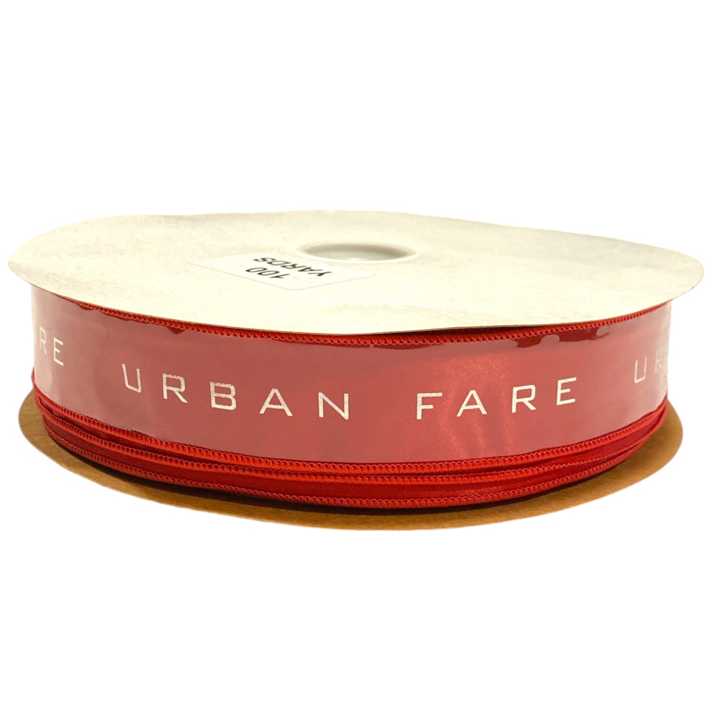 7/8 x 100 YDS Red DYNA SATIN RIBBON With Silver Printing "URBAN FARE"