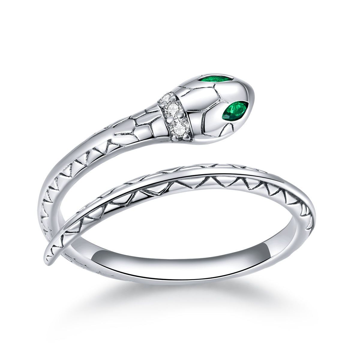 Snake Adjustable Ring - Sterling Silver 925 - Green & Clear Zirconia - NEW622