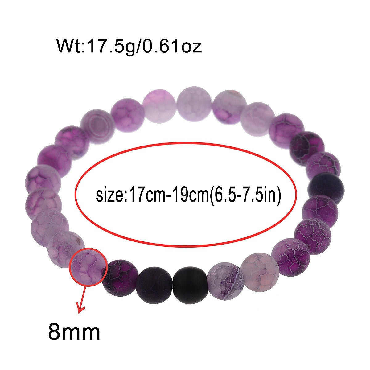 Gemstone Bracelet with Purple Effloresce Agate - 8mm Length 7.5 Inch - NEW521