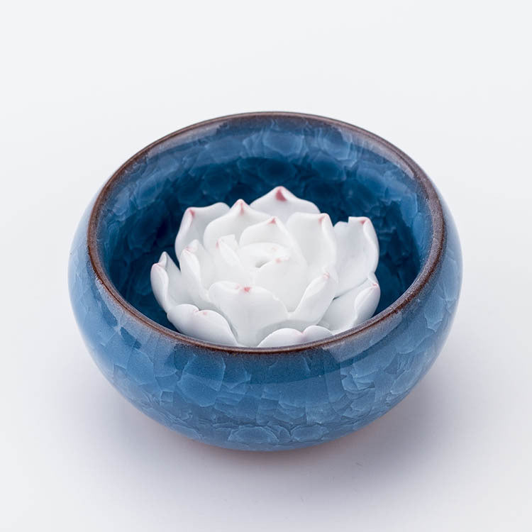 Round Porcelain Incense Burner - Sky Blue - 35mm x 25mm - with inner Flower