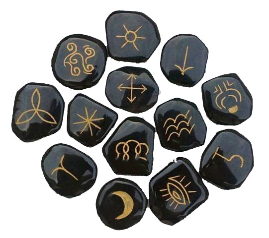 Witches Rune Set - Black Stone with Gold - Purple bag in clear box - 13 pcs - NEW1020