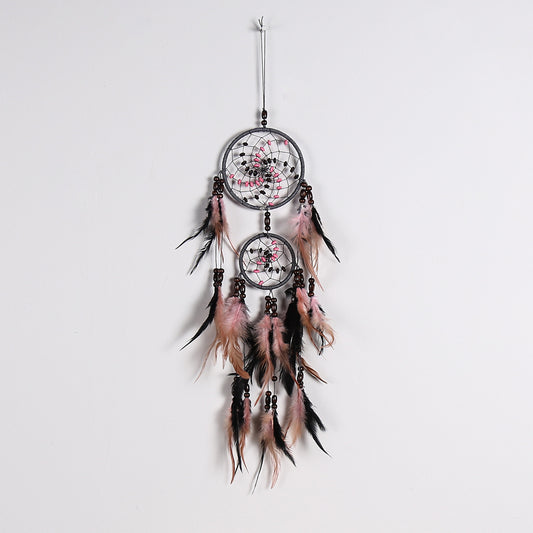 Dream Catcher - Waxed Linen Cord Pink Feathers & Wood - 63 cm 24 inches long - NEW224