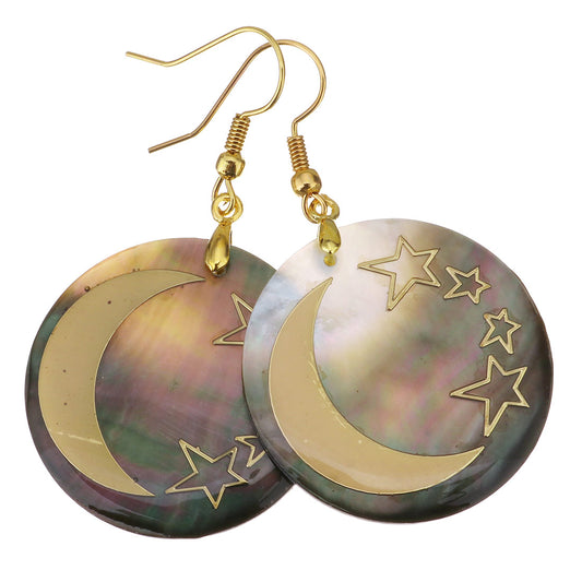 Moon & Star Blacklip Shell Earrings with brass hooks - 54mm 30mm - NEW1120