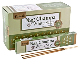 Tulasi Incense - Nag Champa & White Sage Natural Incense - 15 Sticks Pack - 12 Packs Per Box - NEW1120