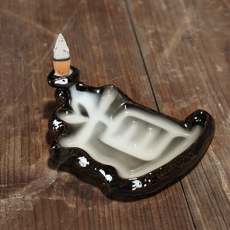 Porcelain Backflow Incense Holder - Black - 13x4.5cm - NEW920