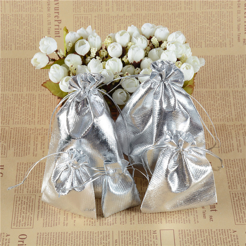 Pack of 100 Metallic Silver Woven Fabric Jewelry Bags 3.93 x 4.7 inch - with Draw String