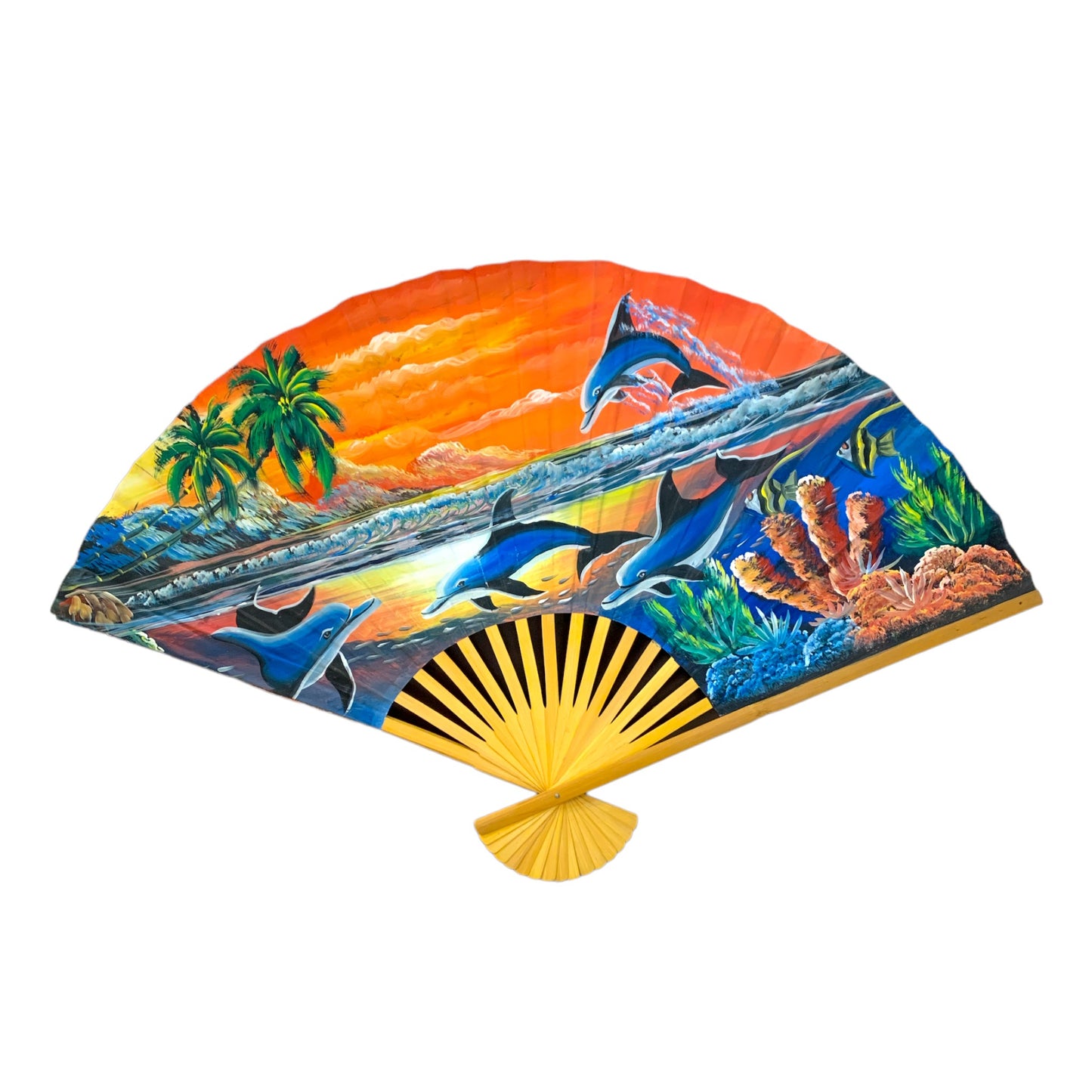 BAMBOO FAN PAINTED W/JUMPING DOLPHIN appx 36 - 48 inch unfolded