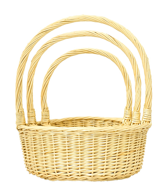 Set of 3 - Round Willow Baskets - With Handles - 10 - 12 and 14 inch dia.