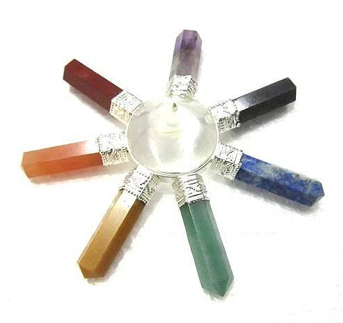 Générateur de chakras en cristal clair et sept pierres - 5 pouces - 75g - Inde - NEW921