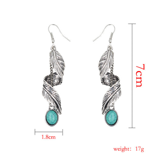 Twisted Feather Earrings with Synthetic Turquoise Hooks - Zinc Alloy Lead & Cadmium Free - Size 70x18mm