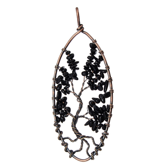 Tree Of Life Pendant - Brass with Black Agate Gemstone, Antique Copper Plated