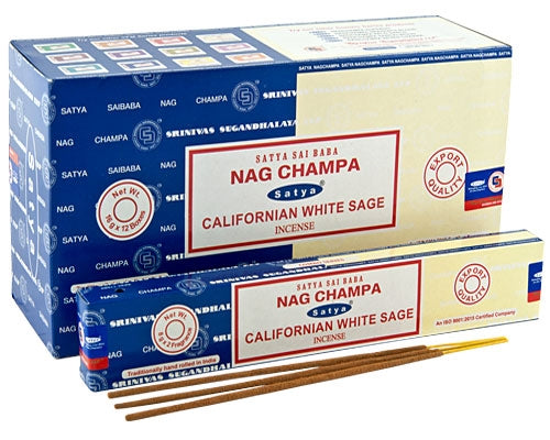 Encens Satya - White Sage &amp; Nag Champa - Boîte de 12 paquets - Chaque paquet contient 8 g de chacun des deux parfums - NEW1120