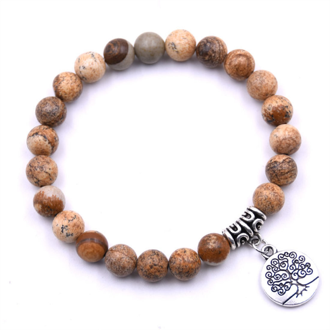 Bracelet Picture Jasper - Breloque arbre - Plaqué argent antique - Longueur 7,5 pouces - Perles : 8 mm