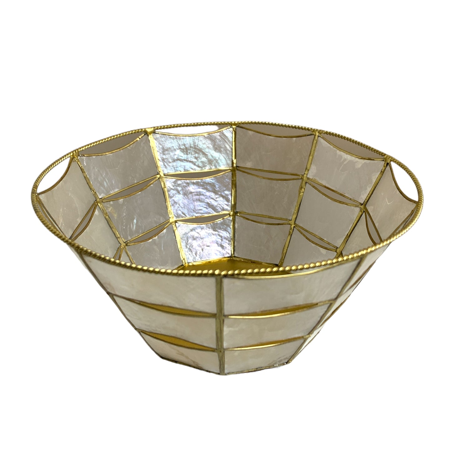 WHITE CAPIZ BASKET W/GOLD - ROUND 9 inch dia