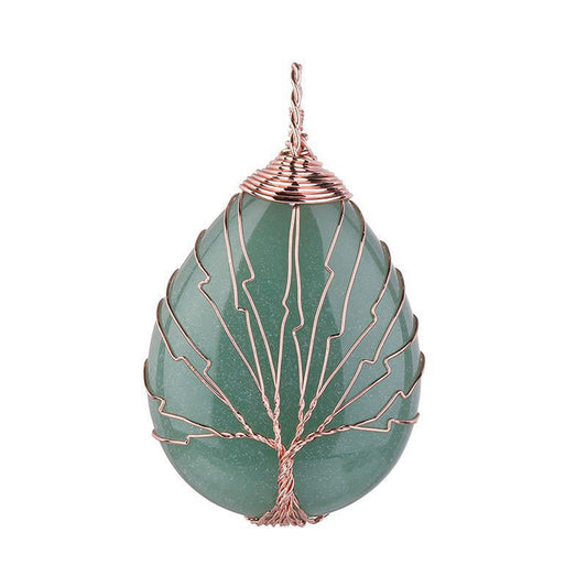 Green Aventurine Tree of Life Pendant - Teardrop - Rose Gold Color Plated