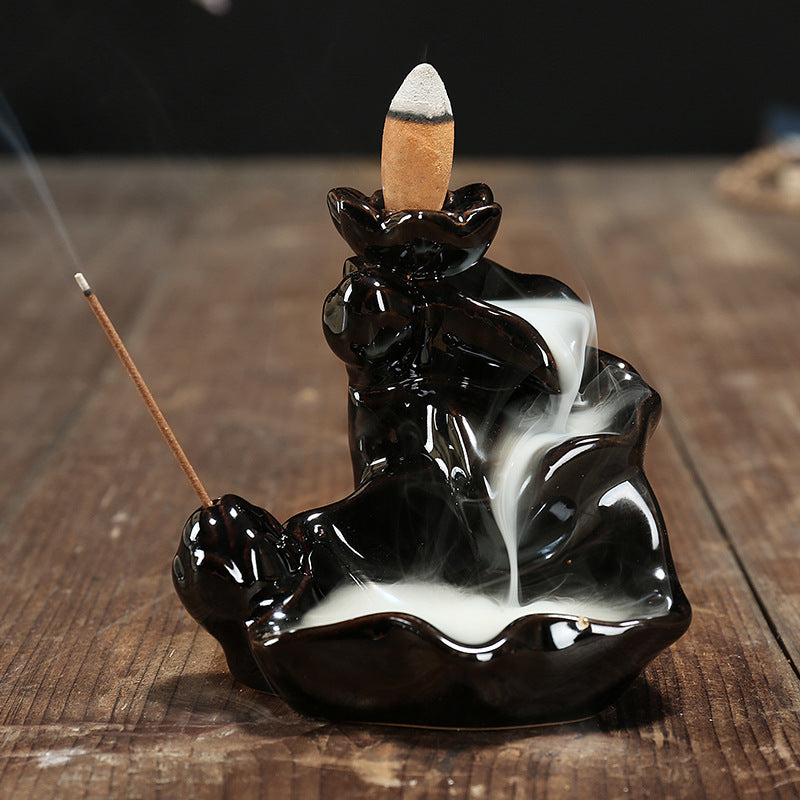 Porcelain Backflow Incense Holder - Flowers - Black - 8.8x8.7cm