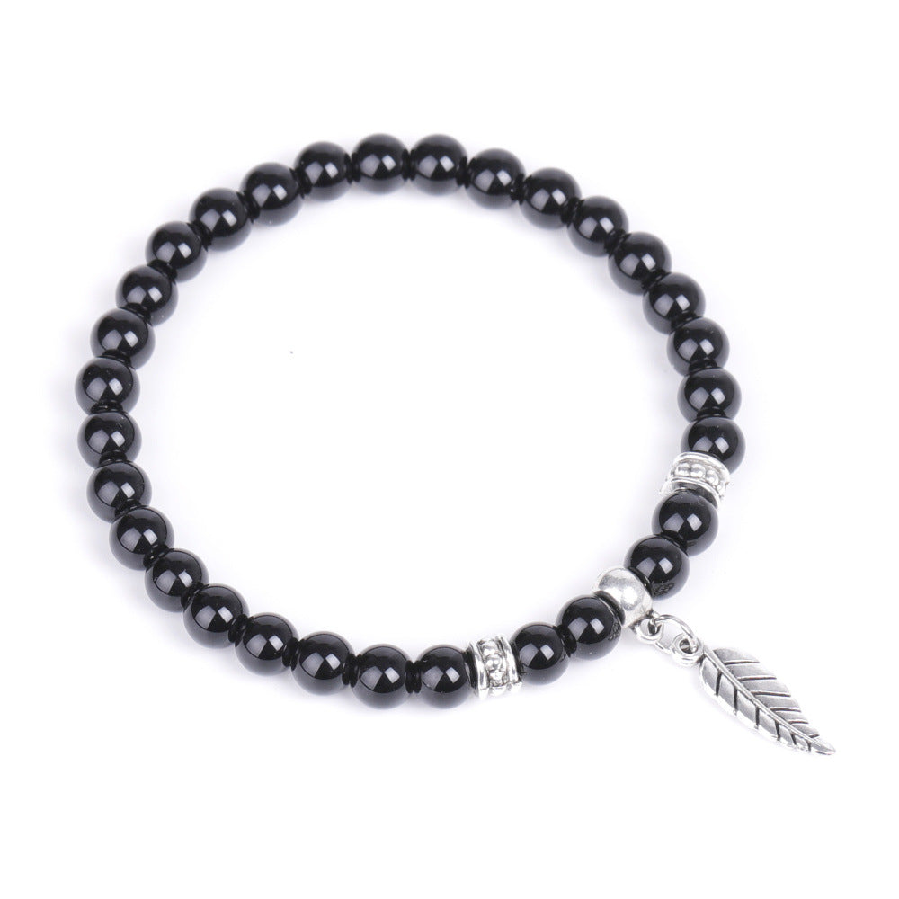 Gloss Blackstone Gemstone Bracelet with Feather Charm - 6mm 7.5 Inch