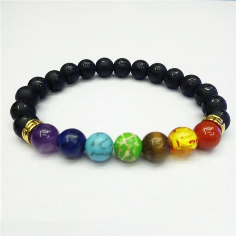 Bracelet Chakra Gem Stone avec perle noire et dorée - Longueur 8 mm 7,5 pouces - NEW521