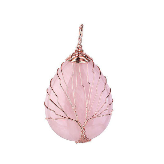 Pendentif Arbre de Vie en Quartz Rose - Larme - Plaqué Or Rose