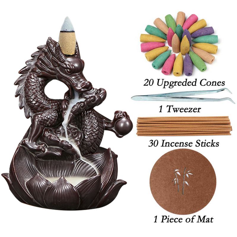 Porcelain Backflow Incense Started Kit - Dragon with Lotus Flower - 13x9x16cm