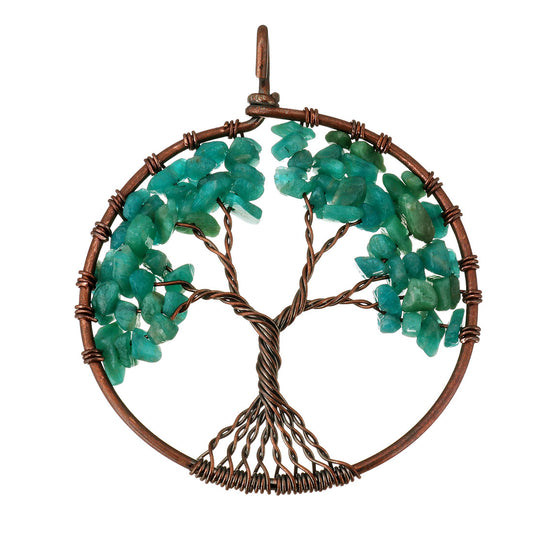 Amazonite Tree Of Life Pendant - Brass - Plated - Round