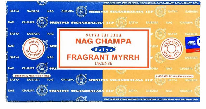 Série Satya Combo - Encens parfumé Myrrhe &amp; Nag Champa - Boîte de 12 paquets Chaque paquet contient 8 g de chaque parfum - 16 g NEW421