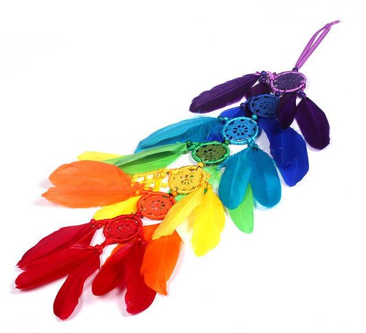 Dream Catcher - Linen Cord with Rainbow Colored Feathers - 66 cm 25 inches long - NEW224