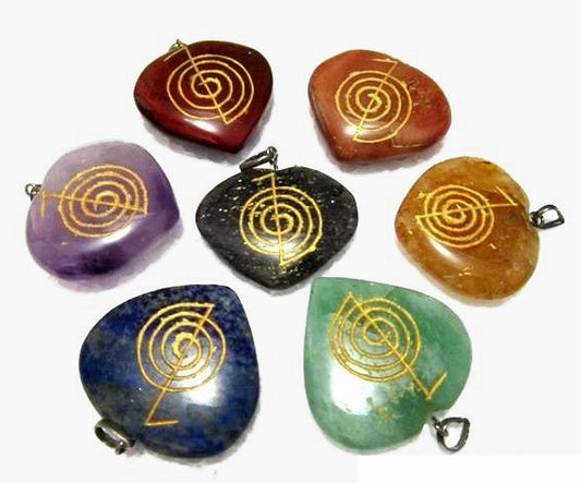 Engrave Choko Reiki Chakra Heart Pendants - Set of 7 - India - NEW323