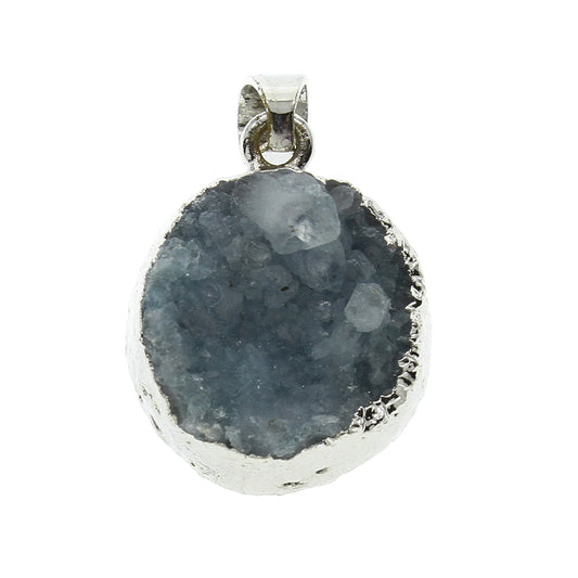 Agate Druzy Pendant - BLUE Ice Quartz Agate with iron bail - Flat Round - Silver color plated - 15x7mm to 17x10mm - Hole 5x6mm - NEW222